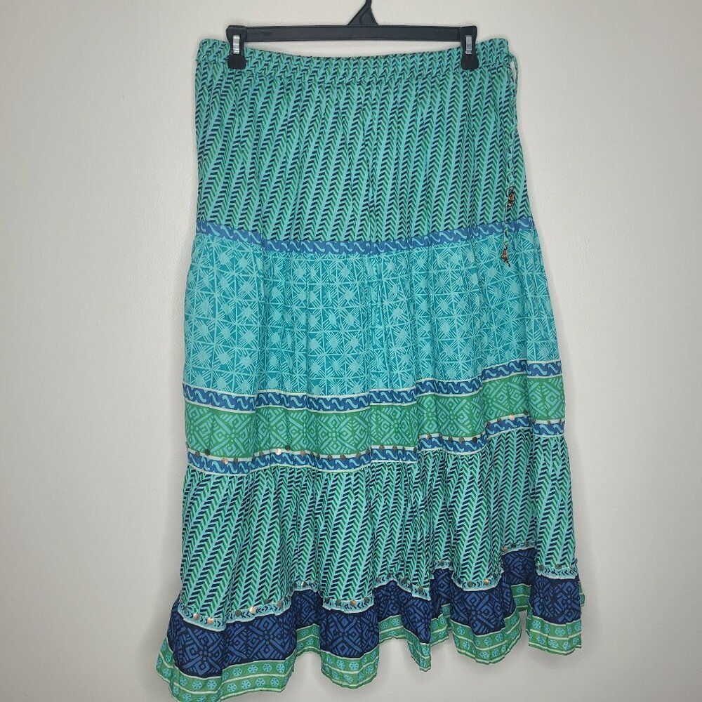 White Stag blue green mixed print tiered maxi fairy boho skirt size xl